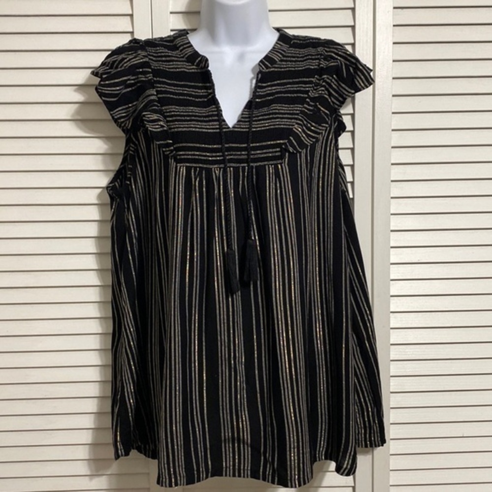 Style & Co Black Striped Smocked Ruffle-Sleeve Top